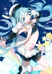 Rule 34 | 2boys, 3girls, :d, anniversary, aqua eyes, aqua hair, bandeau, bike shorts, black gloves, boots, brother and sister, cabbie hat, elbow gloves, floating hair, from side, gloves, hair between eyes, hat, hatsune miku, highres, imoko (imonatsuki), kagamine len, kagamine rin, kaito (vocaloid), long hair, looking at viewer, meiko (vocaloid), miniskirt, multiple boys, multiple girls, open clothes, open mouth, open shirt, pleated skirt, shirt, shorts, shorts under skirt, siblings, skirt, sky, sleeveless, sleeveless shirt, smile, solo focus, sparkle, star (sky), star (symbol), starry sky, very long hair, vocaloid, white footwear, white gloves, white hat, white skirt