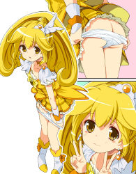 Rule 34 | 10s, 1girl, 3:, ass, blush, bow, cure peace, double v, earrings, hair flaps, homing (areya), jewelry, kise yayoi, long hair, magical girl, multiple views, panties, panty pull, ponytail, precure, skirt, smile precure!, tears, underwear, undressing, v, very long hair, white panties, yellow bow, yellow eyes, yellow skirt, yellow theme