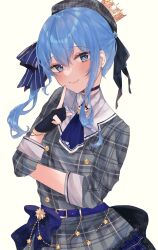Rule 34 | 1girl, blue eyes, blue hair, blush, closed mouth, crown, fingerless gloves, gloves, highres, hololive, hoshimachi suisei, hoshimachi suisei (1st costume), lips, looking at viewer, plaid, simple background, smile, solo, star (symbol), star in eye, suzya 6, symbol in eye, virtual youtuber, white background