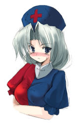Rule 34 | 1girl, blue eyes, blush, breast hold, breasts, cross, female focus, hat, large breasts, looking at viewer, nose blush, nurse cap, parted bangs, silver hair, simple background, solo, touhou, upper body, white background, yagokoro eirin