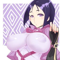 Rule 34 | 1girl, arm guards, black gloves, blue hair, blush, bodysuit, breasts, covered erect nipples, fate/grand order, fate (series), fingerless gloves, from side, gloves, hand up, impossible bodysuit, impossible clothes, katuhata, large breasts, long hair, looking at viewer, minamoto no raikou (fate), parted lips, puffy nipples, purple eyes, purple hair, rope, skin tight, solo, turtleneck, upper body