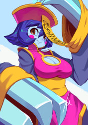 Rule 34 | 1girl, blue skin, blush stickers, breasts, chinese clothes, claws, cleavage, cleavage cutout, clothing cutout, colored skin, flipped hair, glint, hair between eyes, hat, jiangshi, koi drake, lei lei, ofuda, pink hat, purple hair, qingdai guanmao, red eyes, short hair, solo, vampire (game)