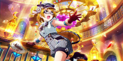 Rule 34 | 1girl, alternate costume, artist request, black-framed eyewear, blush, boots, bow, breasts, brown hair, character name, deerstalker, detective, frills, fur-trimmed gloves, fur trim, glasses, gloves, hat, high-waist shorts, highres, indoors, koizumi hanayo, lights, love live!, love live! school idol festival all stars, love live! school idol project, official art, open mouth, outstretched arm, plaid, purple eyes, running, shirt, shirt tucked in, short hair, short sleeves, shorts, solo, stairs, suspender shorts, suspenders, sweat, white shirt, window