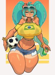 1girl :3 ahoge alternate_breast_size ball bikini bikini_visible_through_clothes black_bikini bracelet brazilian_miku breasts can cleavage closed_mouth cropped_legs denim denim_shorts drink_can eyewear_on_head flower guarana_antarctica hair_between_eyes hair_flower hair_ornament hatsune_miku heavy_breathing holding holding_ball holding_can jersey jewelry large_breasts looking_at_viewer necklace shirt short_shorts shorts shoulder_tattoo simple_background soccer_ball soda_can solo sunglasses sweat swimsuit takyzen tan tanline tattoo vocaloid yellow_shirt