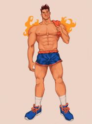 Rule 34 | 1boy, abs, alternate costume, bara, beard, blue shorts, boku no hero academia, endeavor (boku no hero academia), facial hair, fire, highres, holding, holding clothes, holding shirt, large pectorals, looking at viewer, male focus, mature male, muscular, muscular male, navel, nipples, pectorals, quissionart, red hair, scar, scar across eye, scar on face, shirt, unworn shirt, topless male, shoes, short hair, short shorts, shorts, sideburns, simple background, socks, solo, spiked hair, sportswear, standing, stomach, stubble, thick thighs, thighs