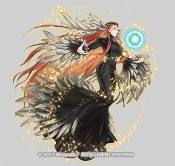 Rule 34 | 1girl, absurdly long hair, ashera (fire emblem), attack, belly chain, black dress, breasts, closed mouth, dress, energy, feather hair ornament, feathers, female focus, fire emblem, fire emblem: radiant dawn, fire emblem heroes, full body, hair ornament, jewelry, kita senri, long hair, magic, matching hair/eyes, medium breasts, nintendo, official art, outstretched arms, red eyes, red hair, solo, very long hair
