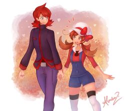 Rule 34 | 1boy, 1girl, bow, brown hair, constarlations, couple, creatures (company), game freak, highres, hood, hoodie, lyra (pokemon), nintendo, overalls, pants, pokemon, pokemon hgss, purple pants, red bow, red hair, silver (pokemon), thighhighs, white background, white headwear