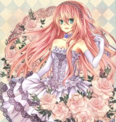 Rule 34 | 1girl, aqua eyes, bare shoulders, checkered background, dress, elbow gloves, flower, frilled dress, frills, gloves, hairband, lace, long hair, megurine luka, nozomi fuuten, pink flower, pink hair, pink rose, rose, smile, solo, very long hair, vocaloid