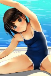 Rule 34 | 1girl, absurdres, armpits, bare arms, bare shoulders, black eyes, blue one-piece swimsuit, blush, breasts, brown hair, closed mouth, competition school swimsuit, highres, leaning to the side, looking at viewer, matsunaga kouyou, medium breasts, mole, mole on thigh, new school swimsuit, nose blush, one-piece swimsuit, original, pool, poolside, school swimsuit, sitting, solo, spread legs, stretching, swimsuit, water