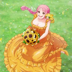 Rule 34 | 26 tgw, 2girls, absurdres, bouquet, braid, braided ponytail, breasts, cleavage, dress, dressrosa, flower, frilled dress, frills, grass, heels, highres, large breasts, looking up, mansherry (one piece), multiple girls, on ground, one piece, pink hair, rebecca (one piece), smile, sunflower, yellow dress