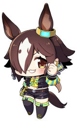 Rule 34 | 1girl, :d, animal ears, belt, black footwear, black jacket, black shorts, boots, brown eyes, brown hair, chibi, crop top, full body, grin, hair over one eye, highres, horse ears, horse girl, horse tail, jacket, long hair, long sleeves, looking at viewer, navel, open mouth, plover, ponytail, shirt, shorts, simple background, smile, solo, tail, teeth, thigh boots, umamusume, vodka (umamusume), white background, yellow shirt