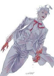 Rule 34 | 1boy, blood, blood on clothes, blood on hands, bow, claws, cntbgr, fangs, fingernails, formal, grey background, hair slicked back, highres, male focus, nail polish, open mouth, original, pink bow, red eyes, red nails, signature, simple background, solo, suit, teeth, tongue, upper teeth only, vampire, very long fingernails, white hair, white suit