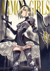 Rule 34 | 1girl, absurdres, armor, armored dress, black thighhighs, blonde hair, breastplate, breasts, earrings, eyepatch, gauntlets, highres, holding, holding sword, holding weapon, jewelry, kusano shinta, looking at viewer, original, pauldrons, red eyes, shield, short hair, shoulder armor, shrug (clothing), small breasts, solo, sword, thighhighs, weapon