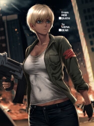 Rule 34 | absurdres, android, blonde hair, breast pocket, breasts, cleavage, dark skin, denim, fingerless gloves, gloves, highres, holding, holding weapon, insignia, jeans, mechanical parts, medium breasts, pants, pocket, rob 110101101, tan, terminator (series), the terminator, weapon