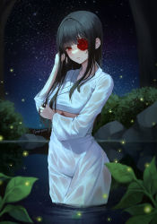 Rule 34 | 1girl, absurdres, ame 816, black hair, blush, closed mouth, collarbone, commission, flower, highres, japanese clothes, kimono, long hair, night, obi, one eye covered, original, red eyes, red flower, red rose, rose, sash, sky, solo, standing, standing on liquid, star (sky), starry sky, water, white kimono, yukata