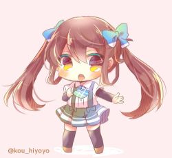 Rule 34 | 1girl, :o, arm warmers, asagumo (kancolle), black thighhighs, blue bow, blue neckwear, blush, bow, brown background, brown eyes, brown footwear, brown hair, chibi, collared shirt, commentary request, dress shirt, full body, green skirt, hair bow, hair rings, kantai collection, kou hiyoyo, lowres, open mouth, pleated skirt, shirt, short sleeves, skirt, solo, standing, suspender skirt, suspenders, thighhighs, twintails, twitter username, white shirt