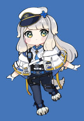 Rule 34 | 1girl, :&lt;, animal ears, black pantyhose, black shorts, blue background, blush stickers, capelet, chibi, closed mouth, collared shirt, commentary, dog ears, dog girl, dog tail, dress shirt, full body, green eyes, grey hair, hat, highres, jacket, long hair, looking at viewer, nijisanji, nozo (hitomiz), pantyhose, pantyhose under shorts, paw shoes, peaked cap, shioriha ruri, shirt, shorts, simple background, solo, standing, standing on one leg, tail, very long hair, virtual youtuber, white capelet, white hat, white jacket, white shirt