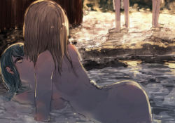 Rule 34 | 2girls, :o, all fours, arched back, ass, blonde hair, breasts, girl on top, green hair, hand on another&#039;s back, highres, kiss, looking at another, miusa, multiple girls, nude, onsen, open mouth, original, partially submerged, people, reflection, standing, sunlight, walk-in, water, yellow eyes, yuri