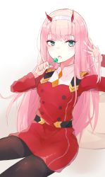Rule 34 | 10s, 1girl, adjusting hair, arm up, black pantyhose, blunt bangs, blush, breasts, buttons, candy, cowboy shot, darling in the franxx, double-breasted, dress, eyeshadow, fang, food, green eyes, hairband, hand up, hime cut, horns, hyakunin momoko, long hair, looking to the side, makeup, medium breasts, necktie, oni horns, open mouth, orange necktie, pantyhose, pink hair, raised eyebrows, simple background, sitting, solo, straight hair, tareme, thighs, very long hair, white background, white hairband, zero two (darling in the franxx)