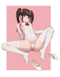 Rule 34 | 1girl, ass, bad id, bad pixiv id, bare shoulders, blunt bangs, blush, breasts, brown eyes, brown hair, collar, covered erect nipples, covered navel, elbow gloves, food, gloves, highres, leotard, looking at viewer, medium breasts, mool yueguang, original, popsicle, shoes, solo, spread legs, sweat, thighhighs, twintails, uwabaki, white gloves, white thighhighs