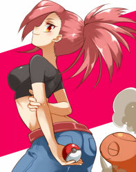 Rule 34 | 00s, 1girl, arms behind back, ass, belt, breasts, creatures (company), crop top, denim, flannery (pokemon), game freak, gen 3 pokemon, gym leader, holding, holding poke ball, irouha, jeans, long hair, looking at viewer, looking back, midriff, nintendo, pants, poke ball, pokemon, pokemon (creature), pokemon rse, ponytail, red eyes, red hair, smile, torkoal