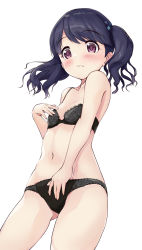 Rule 34 | 1girl, absurdres, bare arms, bare shoulders, black bra, black hair, black panties, blue flower, blush, bra, closed mouth, collarbone, commentary request, fang, fang out, flower, fukumaru koito, groin, hair flower, hair ornament, highres, idolmaster, idolmaster shiny colors, kuroba aki, lingerie, navel, panties, purple eyes, simple background, smile, solo, twintails, underwear, underwear only, wavy mouth, white background