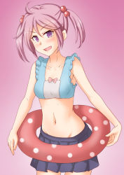 Rule 34 | 1girl, :d, anti (untea9), blue skirt, cowboy shot, hair bobbles, hair ornament, highres, innertube, kantai collection, lifebuoy, looking at viewer, midriff, navel, open mouth, pink hair, pink skirt, pleated skirt, purple eyes, sazanami (kancolle), short hair, skirt, smile, solo, swim ring, swimsuit, twintails