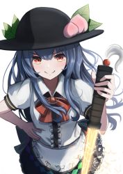 Rule 34 | 1girl, blue hair, cowboy shot, floating hair, food, from above, fruit, hand on own hip, hat, highres, hinanawi tenshi, long hair, looking at viewer, peach, red eyes, simple background, smile, solo, sword of hisou, totoraisu, touhou, v-shaped eyebrows, very long hair, white background