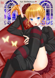 Rule 34 | 00s, 1girl, beatrice (umineko), blonde hair, blue eyes, bug, butterfly, female focus, indoors, insect, pengin guriko, solo, striped clothes, striped thighhighs, thighhighs, umineko no naku koro ni