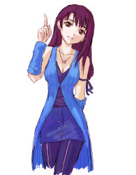 Rule 34 | 1girl, absurdres, alternate hair color, arm behind back, arm ribbon, arm warmers, bare shoulders, blue skirt, breasts, brown eyes, brown pupils, cleavage, collarbone, duster, earrings, final fantasy, final fantasy viii, hand up, highres, index finger raised, jewelry, long hair, looking at viewer, medium breasts, miniskirt, necklace, pencil skirt, purple hair, purple ribbon, ribbon, rinoa heartilly, simple background, skirt, sleeveless, sleeveless duster, smile, solo, standing, white background, zawabug
