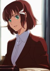 Rule 34 | 1girl, :d, blurry, book, brown hair, collared shirt, curtains, day, depth of field, eyes visible through hair, female focus, formal, green eyes, hair ornament, happy, indoors, jacket, kakumeiki valvrave, looking at viewer, neck, office, office lady, open book, open mouth, red jacket, sashinami shouko, shirt, short hair, sitting, smile, solo, suit, upper body, white shirt, window, windwillows