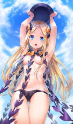 Rule 34 | 1girl, :o, abigail williams (fate), abigail williams (second ascension) (fate), armpits, arms up, bad id, bad pixiv id, bikini, bikini bottom only, black bikini, black bow, black hat, blonde hair, blue eyes, blue sky, bow, breasts, cloud, cloudy sky, commentary request, day, fate/grand order, fate (series), forehead, from below, groin, hat, highres, holding, holding clothes, holding hat, long hair, looking at viewer, looking down, lunacle, medium breasts, navel, open mouth, orange bow, outdoors, parted bangs, revealing clothes, sky, solo, swimsuit, topless, unworn hat, unworn headwear, very long hair