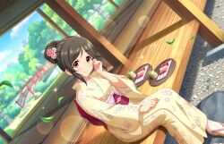 Rule 34 | 1girl, architecture, bridge, brown hair, cloud, cup, east asian architecture, food, game cg, idolmaster, idolmaster cinderella girls, idolmaster cinderella girls starlight stage, japanese clothes, kimono, momoi azuki, official art, orange eyes, sandals, sitting, solo, tree