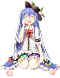 Rule 34 | 1girl, blue hair, blush, crying, efe, closed eyes, female focus, food, fruit, hand on own face, hat, hinanawi tenshi, long hair, md5 mismatch, open mouth, peach, shirt, sitting, skirt, solo, tears, touhou, wariza