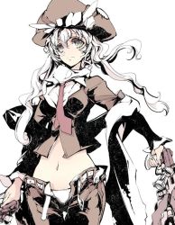 Rule 34 | 10s, 1girl, abyssal ship, adapted costume, alternate costume, belt, cowboy shot, dual wielding, endou okito, green eyes, gun, hat, holding, kantai collection, long hair, midriff, navel, necktie, open belt, panties, simple background, solo, underwear, weapon, white background, white hair, white panties, wo-class aircraft carrier