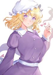 Rule 34 | 1girl, blonde hair, breasts, buttons, dress, frilled shirt collar, frills, gap (touhou), hair between eyes, hand up, hat, highres, juliet sleeves, kaede (mmkeyy), large breasts, long sleeves, looking at viewer, maribel hearn, medium hair, mob cap, parted lips, puffy sleeves, purple dress, purple eyes, sash, simple background, solo, touhou, upper body, white background, white hat, white sash