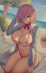 Rule 34 | 1girl, adapted costume, beach, beach chair, bikini, black-framed eyewear, blue sky, breasts, cleavage, covered erect nipples, day, fate/grand order, fate (series), hair over one eye, highres, hood, hoodie, huge breasts, large breasts, light purple hair, looking at viewer, mash kyrielight, mash kyrielight (swimsuit of perpetual summer), navel, ocean, official alternate costume, outdoors, parted lips, purple eyes, sand, shexyo, short hair, sitting, skindentation, sky, solo, string bikini, swimsuit, thong bikini, water, white bikini