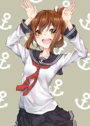 Rule 34 | 1girl, :d, anchor symbol, black sailor collar, black skirt, blush, brown eyes, brown hair, folded ponytail, highres, inazuma (kancolle), kamidanomi, kantai collection, long hair, long sleeves, looking at viewer, neckerchief, open mouth, pleated skirt, red neckerchief, sailor collar, school uniform, serafuku, shirt, skirt, smile, solo, white shirt