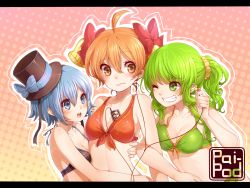 Rule 34 | 3girls, ahoge, bare shoulders, bell, bell (rbb), bikini, blue (rbb), blue bikini, blue eyes, blue hair, blush, bow, breasts, brown eyes, cleavage, digital media player, earphones, green bikini, green eyes, green hair, grin, hat, hat bow, highres, ipod, letterboxed, long hair, multiple girls, navel, object in clothes, object in swimsuit, one eye closed, orange bikini, orange hair, original, rainy (rbb), rainybluebell, rojiko, short hair, smile, striped bikini, striped clothes, swimsuit, upper body, wink