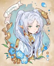 Rule 34 | 1girl, blue flower, capelet, character name, color guide, drop earrings, earrings, elf, flower, frieren, gold trim, green eyes, jewelry, leaf, long hair, looking at viewer, nekouchuu jin, nemophila (flower), parted lips, pointy ears, shirt, solo, sousou no frieren, striped clothes, striped shirt, twintails, twitter username, upper body, white capelet, white hair