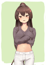 Rule 34 | 1girl, absurdres, blush, breasts, brown eyes, brown hair, crossed arms, female focus, flower, hair between eyes, hair flower, hair ornament, highres, kantai collection, long hair, long sleeves, looking at viewer, navel, official alternate costume, pants, parted lips, pink flower, ponytail, simple background, solo, sweater, tsuzuri (tu-san house), two-tone background, upper body, very long hair, white pants, yamato (kancolle)