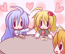 Rule 34 | 100 percent orange juice, 3girls, :3, ahoge, animal ears, blonde hair, blush, blush stickers, brown hair, chibi, drooling, flower, food, hair flower, hair ornament, heart, hime (orange juice), holding, komakoma (magicaltale), long hair, multiple girls, open mouth, outstretched arm, plate, profile, pudding, qp (orange juice), red flower, red rose, rose, saliva, silhouette, silver hair, sleeves past wrists, smile, solid oval eyes, spoon, suguri, suguri (orange juice), table
