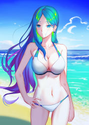 Rule 34 | 1girl, bikini, blue eyes, blue hair, blush, breasts, cleavage, cowboy shot, day, freze, hand on own hip, highres, large breasts, long hair, multicolored hair, navel, ocean, original, outdoors, smile, solo, standing, summer, swimsuit, very long hair, white bikini