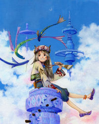 Rule 34 | 1girl, acrylic paint (medium), anklet, blonde hair, cloud, creature, day, grin, hat, horns, jewelry, moon, necklace, original, painting (medium), single horn, sky, smile, solo, star (symbol), traditional media