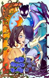 Rule 34 | 1girl, blue background, blue hair, blue skin, bouquet, brown hair, color contrast, colored skin, detached collar, dual persona, flower, highres, leviathan (skullgirls), looking down, open mouth, orange background, plant, side ponytail, skeletal arm, skull heart, skullgirls, smile, solo, stained glass, stitched mouth, stitches, sunsunsunsun311, thorns, upper body, vines, zombie