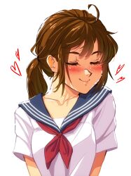 Rule 34 | 1girl, absurdres, ahoge, blush, brooke (mleth), brown eyes, closed eyes, collarbone, commentary, english commentary, freckles, heart, highres, long hair, mleth, neckerchief, original, ponytail, red neckerchief, school uniform, serafuku, short sleeves, simple background, smile, solo, upper body, white background, white serafuku