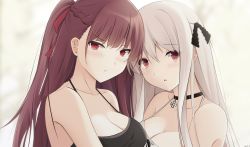 Rule 34 | 2girls, bare shoulders, black choker, black dress, black ribbon, blurry, blurry background, blush, braid, breasts, brown hair, choker, cleavage, closed mouth, collarbone, commentary, cross, depth of field, dress, girls&#039; frontline, hair between eyes, hair ribbon, highres, iron cross, kar98k (girls&#039; frontline), keenh, large breasts, long hair, looking at viewer, multiple girls, one side up, parted lips, red eyes, red ribbon, ribbon, silver hair, sleeveless, sleeveless dress, wa2000 (girls&#039; frontline), white dress