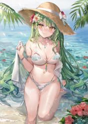Rule 34 | 1girl, arm behind back, armlet, armpit crease, bangle, bare arms, bare legs, bare shoulders, barefoot, beads, bikini, blush, bow, bracelet, braid, breasts, cleavage, closed mouth, commentary request, crossed bangs, day, dot nose, earrings, flower, frilled bikini, frills, green hair, hair between eyes, hair flower, hair ornament, hand up, hat, hat bow, hat flower, hibiscus, highres, holding, jewelry, large breasts, leaf, legs together, long hair, looking at viewer, momoko (momopoco), multi-strapped bikini, nail polish, navel, necklace, off shoulder, original, outdoors, red flower, sand, shallow water, shirt, side-tie bikini bottom, sidelocks, sitting, sitting on water, smile, solo, star (symbol), stomach, straw hat, sun hat, sunlight, swimsuit, thigh gap, thighs, very long hair, water, wavy hair, wet, white bikini, white bow, white shirt, yellow eyes, yukari (momoko)