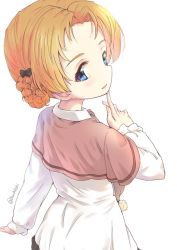 Rule 34 | 1girl, black bow, blouse, blue eyes, bow, braid, buchikaki, casual, collared shirt, commentary, from behind, girls und panzer, hair bow, long sleeves, looking at viewer, looking back, orange hair, orange pekoe (girls und panzer), parted bangs, parted lips, pink shawl, shawl, shirt, short hair, simple background, smile, solo, standing, twitter username, white background, white shirt