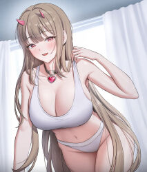 Rule 34 | 1girl, absurdres, black choker, bra, breasts, brown hair, choker, cleavage, collarbone, curtains, doenji (auto7233), goddess of victory: nikke, heart, heart-shaped pupils, heart choker, highres, horns, indoors, large breasts, long hair, navel, open mouth, panties, pink horns, red eyes, solo, symbol-shaped pupils, thighs, underwear, underwear only, very long hair, viper (nikke), white bra, white panties, window